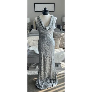 Badgley Mischka Belle Silver Sequin Cowl Neck Gown Wedding Dress Bridal Size 6 - Picture 1 of 8