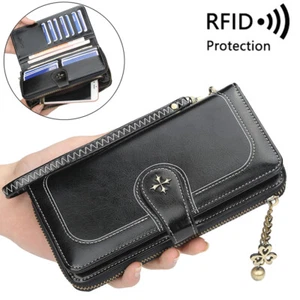 Mujer Cuero Billetera Larga Billetera Portatarjetas Cartera Bolso de Mano Embrague RFID Bloqueo - Imagen 1 de 22