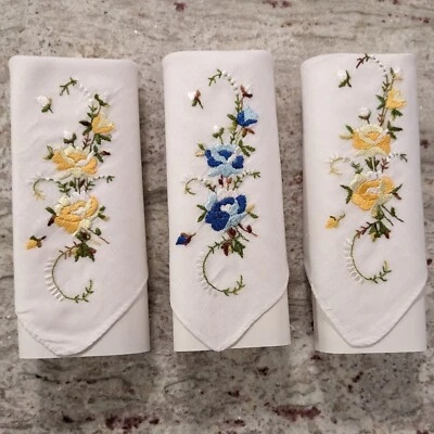 Romantic Embroidered 3 Handkerchief Floral White W/ Yellow Blue 100% Cotton NEW - Image 1 of 4