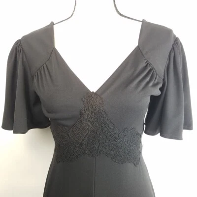 Vtg Kressandra Rag Black Maxi Dress Knit Sweetheart Flutter Sleeves A Line XS - Image 1 of 4