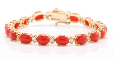 Brazalete 25,55 Coral Naranja Natural y Diamantes en Oro Amarillo Sólido 14K Foto 1 de 4
