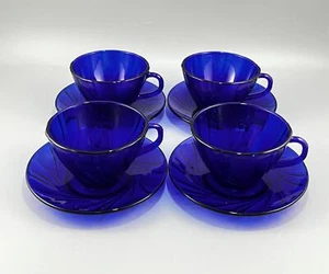 Vereco Duralex Bormioli Rocco Swirl Cobalt Blue Glass Cups and Saucers Set of 4 - Picture 1 of 7