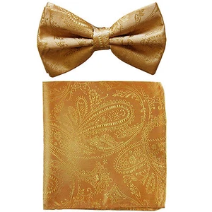 New formal Men's polyester pre-tied bow tie & hankie set paisley Gold wedding - Picture 1 of 3