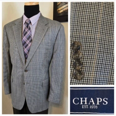 Chaps 44R Houndstooth Blazer Sport Coat Gray Over Check Casual Suit Jacket - Image 1 of 4