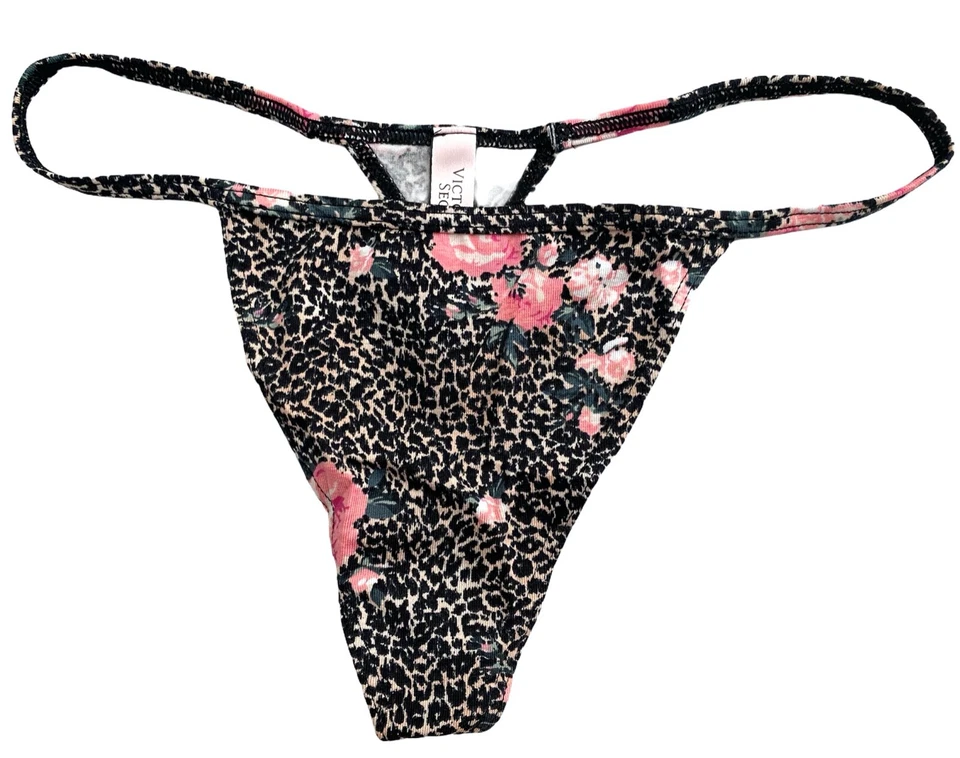 Victoria's Secret V String Panty New Black Floral Leopard Cotton S M L XL - Image 1 of 3