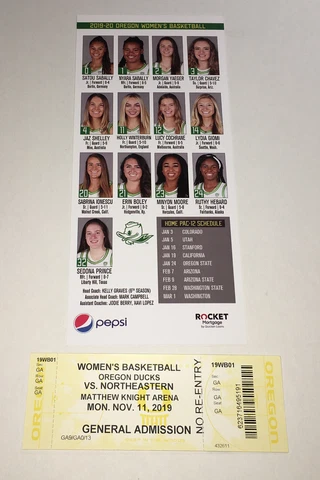 OREGON DUCKS 2019 BASKETBALL NORTHEASTERN HUSKIES TICKET/ROSTER SABRINA IONESCU Cover