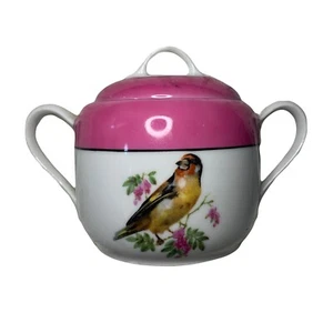 Antike rosa deutsche Zuckerdose Set drei Kronen Porzellan Vogel Motiv wie besehen - Bild 1 von 10
