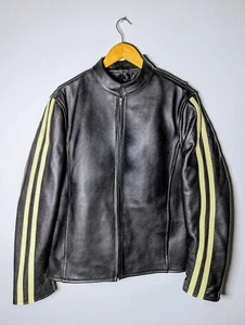 Men's Genuine Matt Black Racing Leather Jacket Retro 90s Punk/Rock Striped Style - Picture 1 of 9