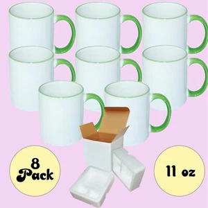 8 Pcs 11OZ LT GREEN Rim Handle Blank Sublimation Coffee Mugs +Foam Support Boxes - Picture 1 of 4