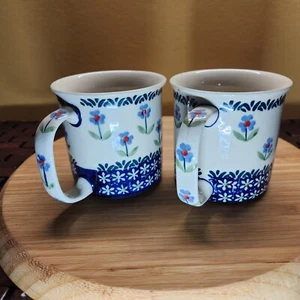 Polish Pottery Coffee Cups/Mugs Blue Daisy Hand Made Set of 2 - Bild 1 von 6