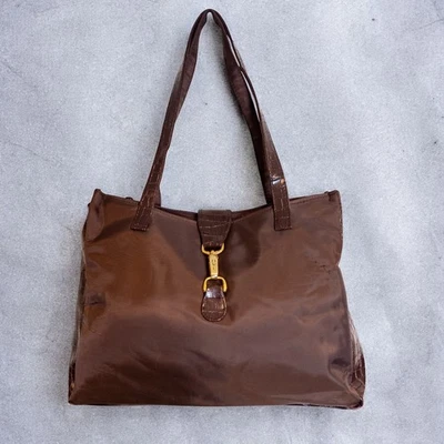 Vintage Y2K Diane von Furstenberg Brown Nylon Faux Croc Trim Tote Bag  - Image 1 of 4