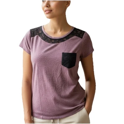 S. POLO ASSN. Purple T-Shirt Top with Black Lace Accents - Women's Medium - Image 1 of 4