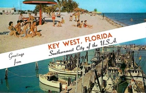Cartolina d'epoca, saluti da Key West, spiaggia, barche gamberetti, Florida, mai usata - Foto 1 di 2