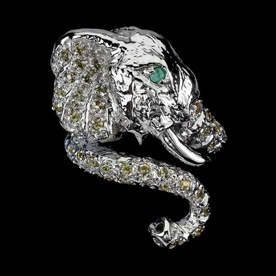 Anillo de plata de ley 925 redondo zafiro esmeralda piedras preciosas elefante joyería talla 7 Foto 1 de 4