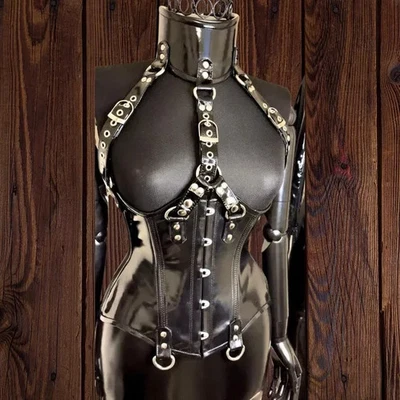 Sexy Vinyl and leather Corset with Matching Belted Collar – Sleek and Shiny BDSM - Image 1 of 2