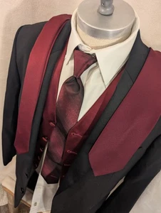 Vest and Two Ties Burgundy Mens Tuxedo Wedding Formal Dinner Prom Groom - Picture 1 of 7