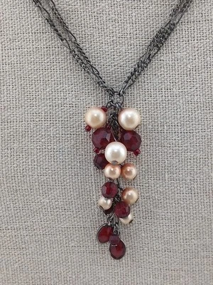 1928 Marca Gunmetal Doble Figaro Cadena Perlas Cristales Cuelga Racimo Collar  Foto 1 de 4