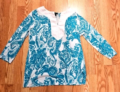 Ralph Lauren Women Large Turquoise Paisley Boho Peasant Cottagecore Cotton Tunic — 第 1/4 张图片