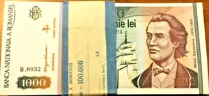 Romania 1,000 Lei 1000 P-102 1993 x 100 Pcs BUNDLE Lot UNC Romanian Ship NOTE - Picture 1 of 5