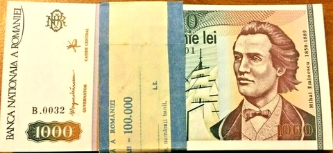 Romania 1,000 Lei 1000 P-102 1993 x 100 Pcs BUNDLE Lot UNC Romanian Ship NOTE Cover