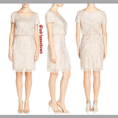 NWT Adrianna Papell Short Sleeve Beaded Blouson Dress in Shell Pink [SZ 4 ] N177 - Image 1 of 4