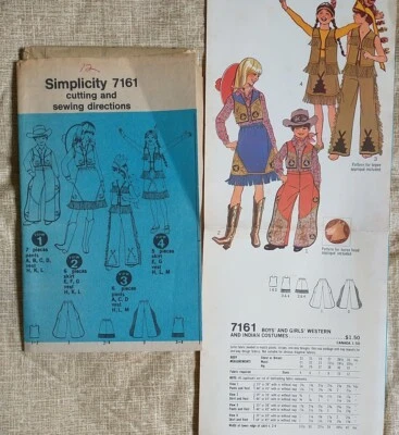VTG Simplicity Pattern 7161 Boys Girls Western Costume Sz 12 Cowboy Indian Uncut - Image 1 of 3