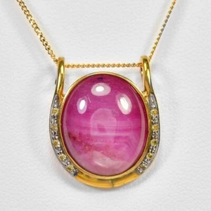 925 STERLING SILVER PENDANT WITH NECKLACE PINK RED RUBY CABOCHON LENGHT 20" - Picture 1 of 12