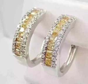 3Ct Cushion Cut Lab Created Yellow Citrine Huggie Earrings 14k White Gold Plated - Picture 1 of 4
