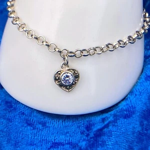 Silver Link Bracelet With 1 (one) CZ/Marcasite  Heart Charm ~ Length 7.5" - Picture 1 of 2