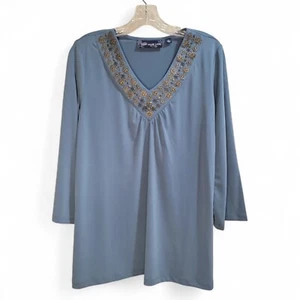 Susan Graver Blue Studded V-Neck Tunic 3/4 Sleeve Women's Medium Stretch - Picture 1 of 6