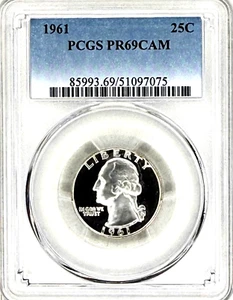 1961 PROOF WASHINGTON QUARTER PCGS PR69 CAM, HEAVY THICK DEEP CAMEO OBVERSE! - Picture 1 of 2