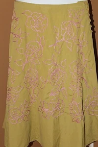 J Jill Green Skirt Pink Embroidered Flowers Button Side 12 - Picture 1 of 5