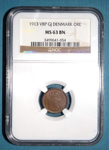 1913 Denmark 1 Ore | Key Date | NGC MS63 BN - Picture 1 of 2
