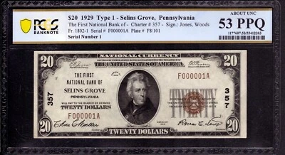 1929 $20 FIRST NATIONAL BANK NOTE SELLINS GROVE PA SERIAL #1 PCGS B AU 53 PPQ - Image 1 of 4