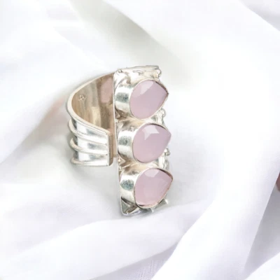 Anel feminino de pedra preciosa natural calcedônia rosa prata esterlina 925 fofo presente - Imagem 1 de 4