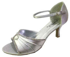 NEW SILVER SATIN PARTY LOW HEEL DRESSY PROM DIAMANTE GEM STONES SANDALS UK 4 - Picture 1 of 1