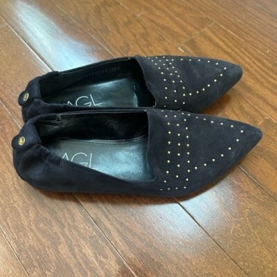 Agl Attilio Giusti Leombruni Loafer Black Studded Moc Flats Pointy Toe Size  6.5 - Image 1 of 4