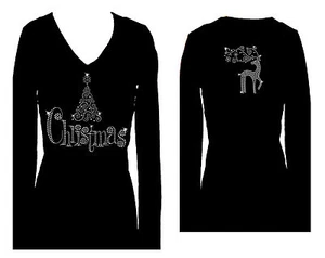 TODO RHINESTONE ÁRBOL DE NAVIDAD RENO V CUELLO CAMISETA BLING BLING MANGA LARGA - Imagen 1 de 3