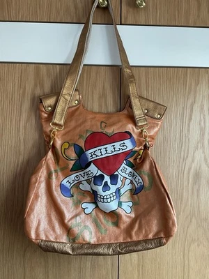 Ed Hardy Love Kills Slowly Tote Bag Orange Skull Roses Tattoo Y2K Style Rare - Image 1 of 4