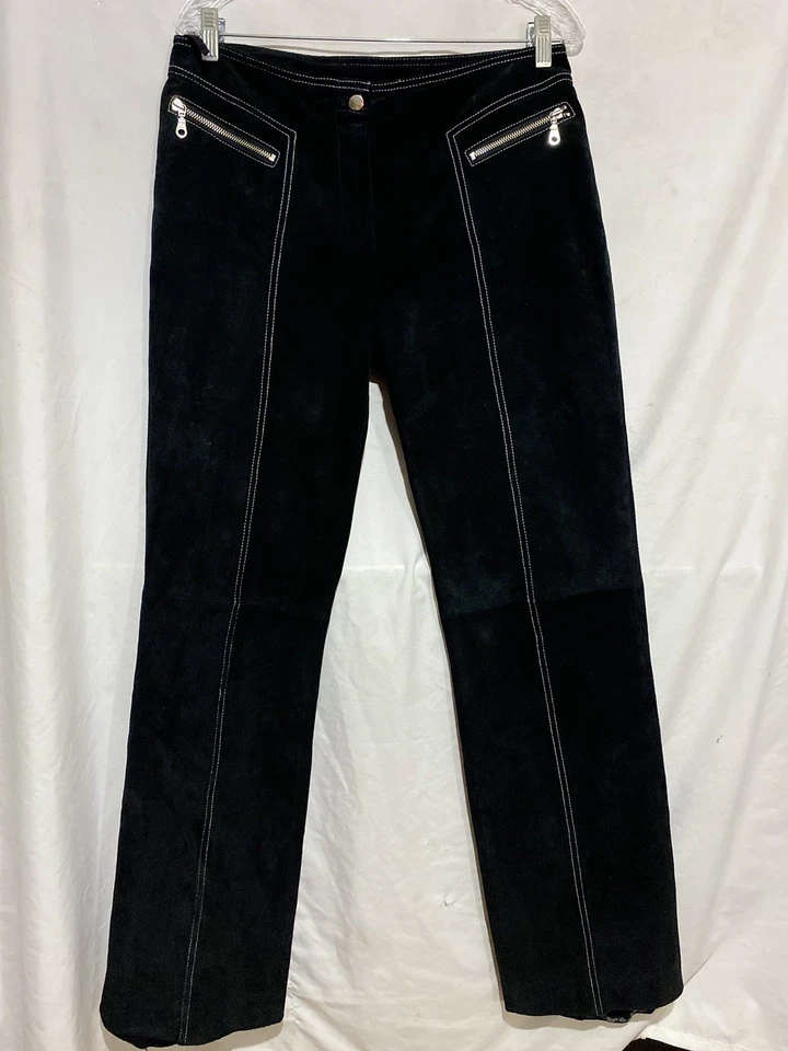 Vintage Women Wilson’s Black Suede Leather Pants Biker Motorcycle White Stitch - Image 1 of 4