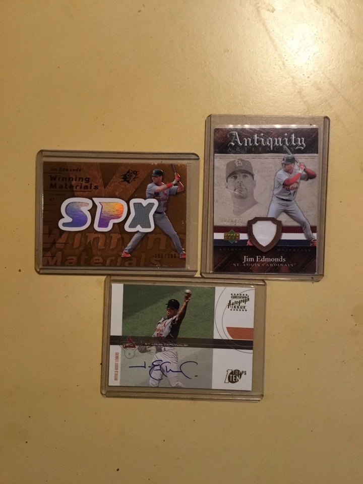 Un lote de (3) tarjetas de Jim Edmonds. Un autógrafo y 2 recuerdos (2) serie #’d Foto 1 de 4