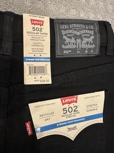 NEW Levi's 502 Regular Taper Stretch Jeans Size 8 Husky 28W 25L Black Adj Waist - Picture 1 of 10