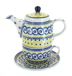 Té de azafrán de cerámica polaca rosa azul para uno - Imagen 1 de 4