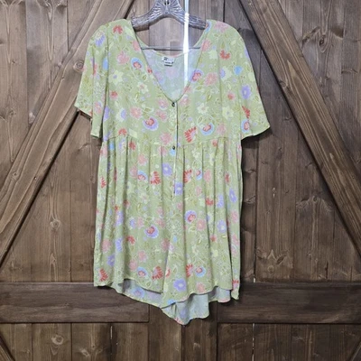 Vestido Billabong Floral Botón Frontal Verde Rosa Púrpura Boho Arrugado L  Foto 1 de 4