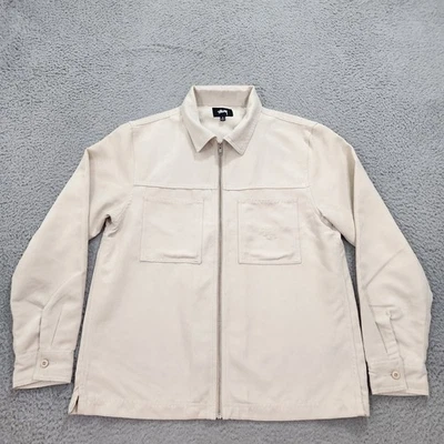 Stussy Jacket Mens Medium Cream Micro Suede Work Shirt Full Zip Shacket Logo - Image 1 of 4