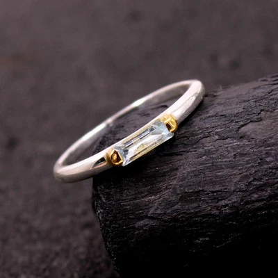 Anelli baguette topazio blu fine argento sterling 925 gioielli regali per lei - Immagine 1 di 4