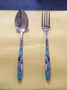 Native American Style Turquoise Inlay Spoon & Fork Stunning A Great Gift Look #1 - Picture 1 of 7