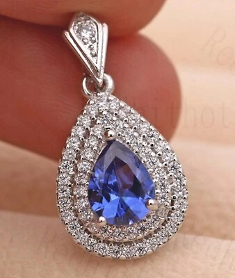 Bonito Nuevo Collar Colgante Oro Blanco 18K Relleno Lágrima Azul Circonita cúbica y Cristal Foto 1 de 4