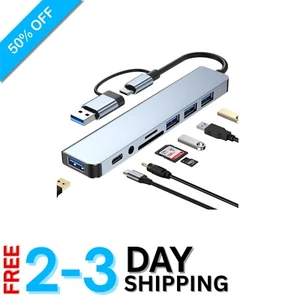 8-in-1 USB Splitter Hub Featuring USB C, Card Reader & Aux Port - Silver Finish - Picture 1 of 10
