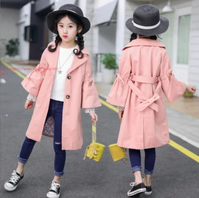 Spring/ Fall Kids Girls Cotton Jacket Children Mid Length Coat Belt Outerwear - Image 1 of 4